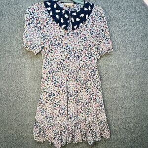 Miss Patina Dress Womens Small Blue Daisy Floral Bunny Collar Puff Sleeve Ruffle